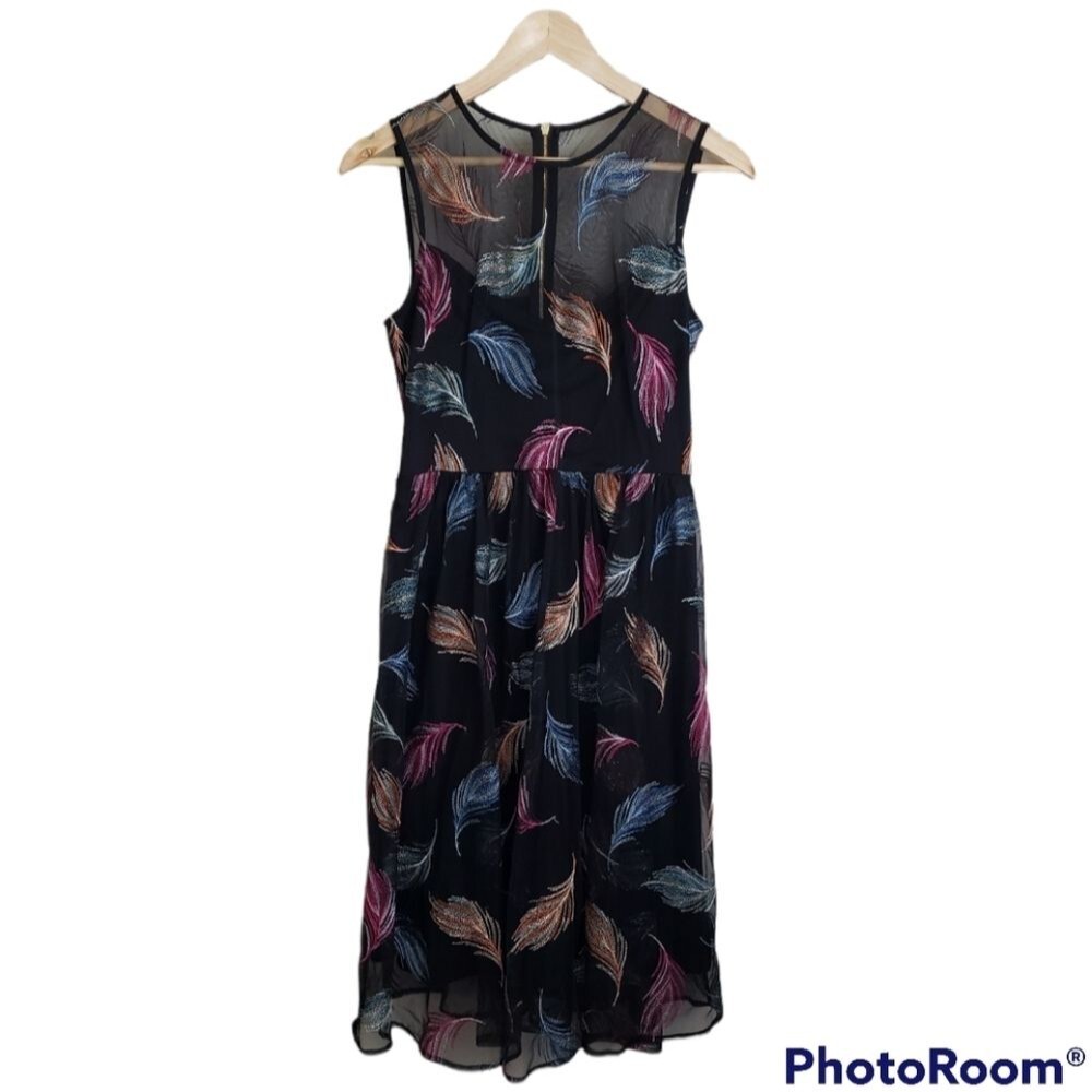 Calvin Klein sheer neck embroidered feather black midi a-line dress